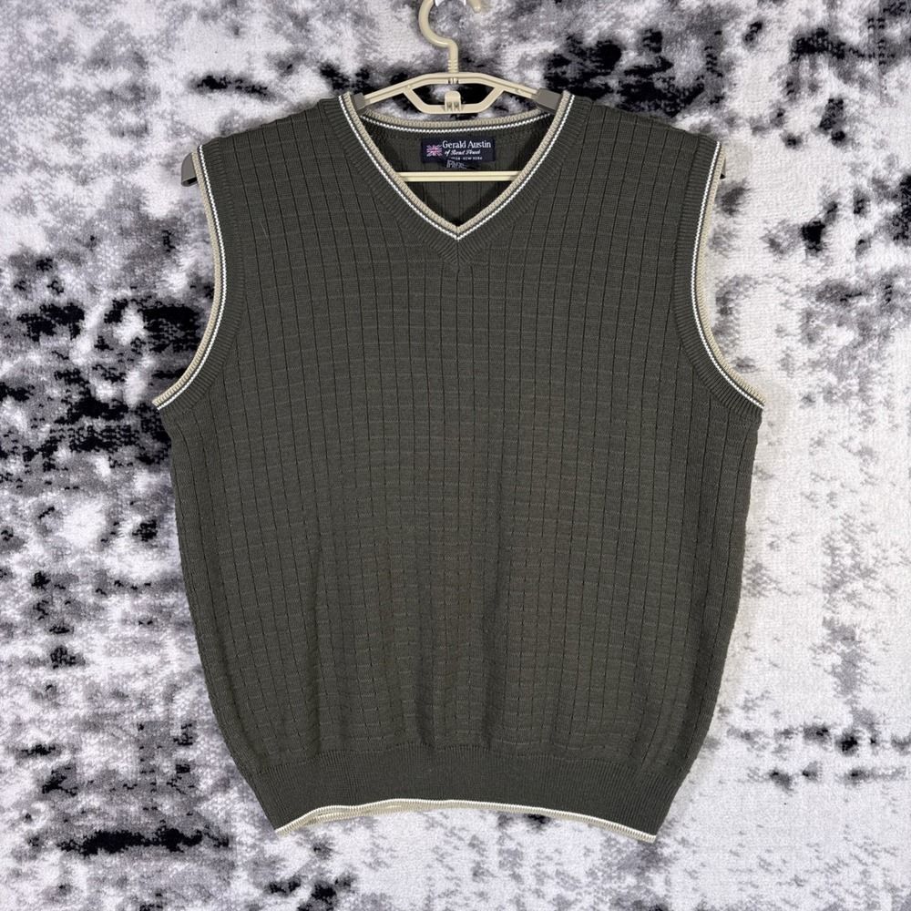 Gerald Austin Sweater Vest Mens Large Green Acrylic Wool Square Knit Grandpacore